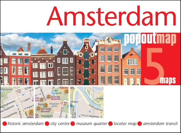 Cover of an Amsterdam PopOut map showing canal houses and inset historic center, museum quarter, and transit maps.
