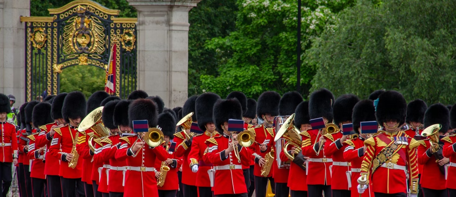 Changing of the Guard taking place outside Buckingham Palace in London.