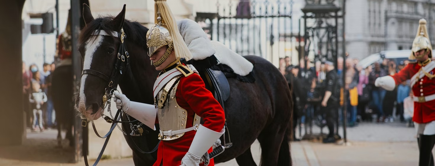 Mounted ceremonial guards on parade in London.