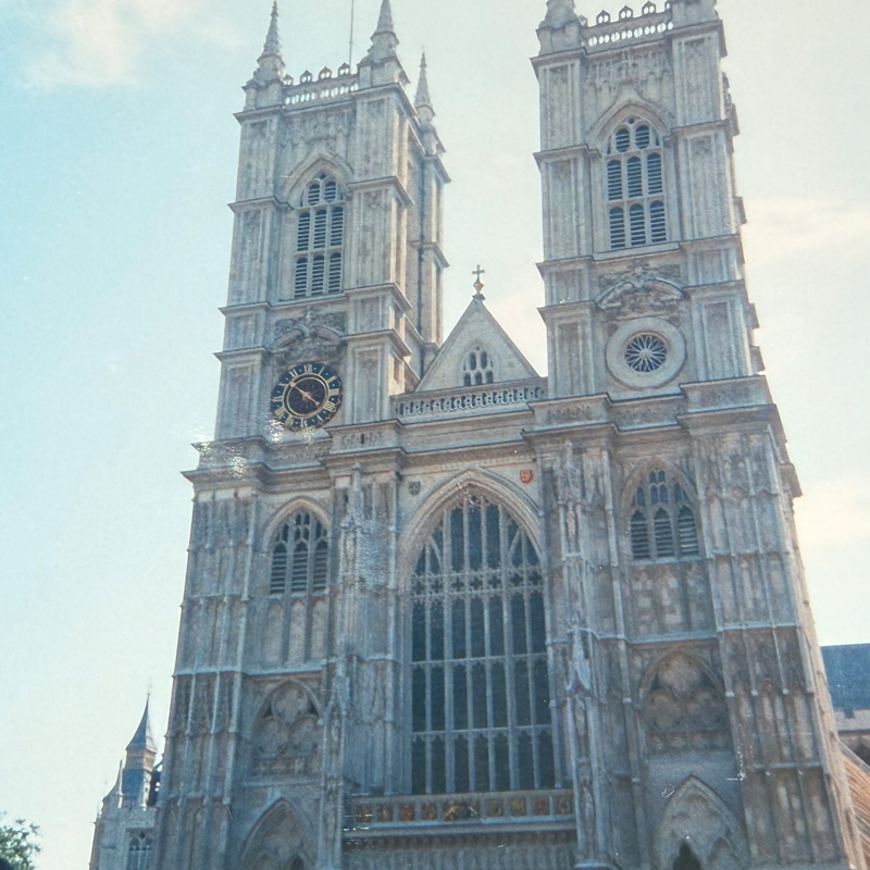 Front view of Westminster Abbey in London.