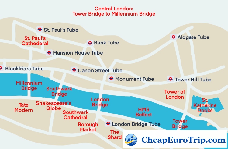 A simplified map of central London from St. Paul's Cathedral to Tower Bridge with riverside sights labeled.
