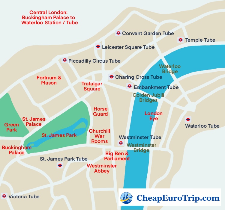 A simplified map of central London from Buckingham Palace to Waterloo Station with Westminster landmarks labeled.