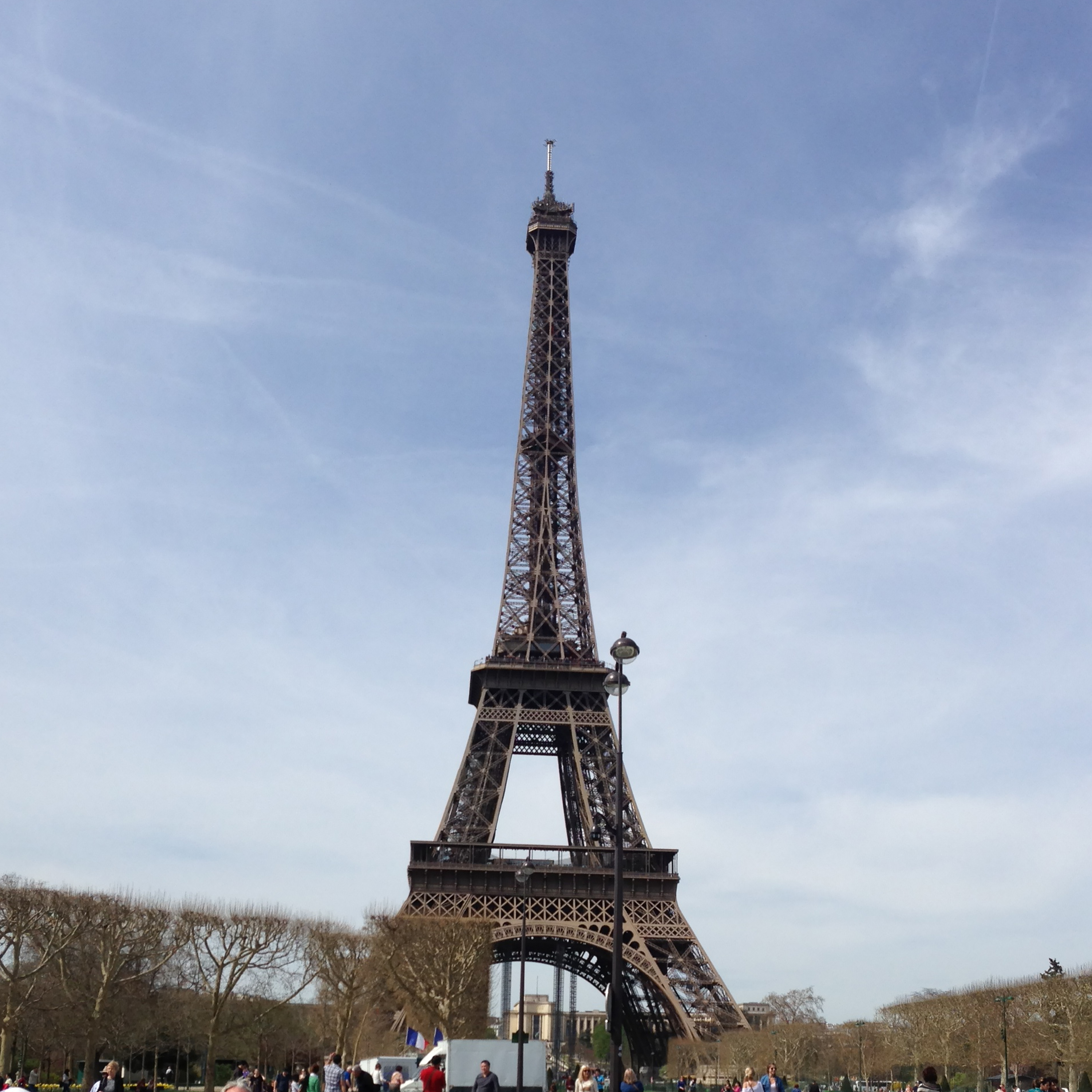 The Eiffel Tower rising above the trees in Paris.