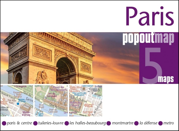 Cover of a Paris PopOut map showing the Arc de Triomphe and inset central neighborhood and metro maps.