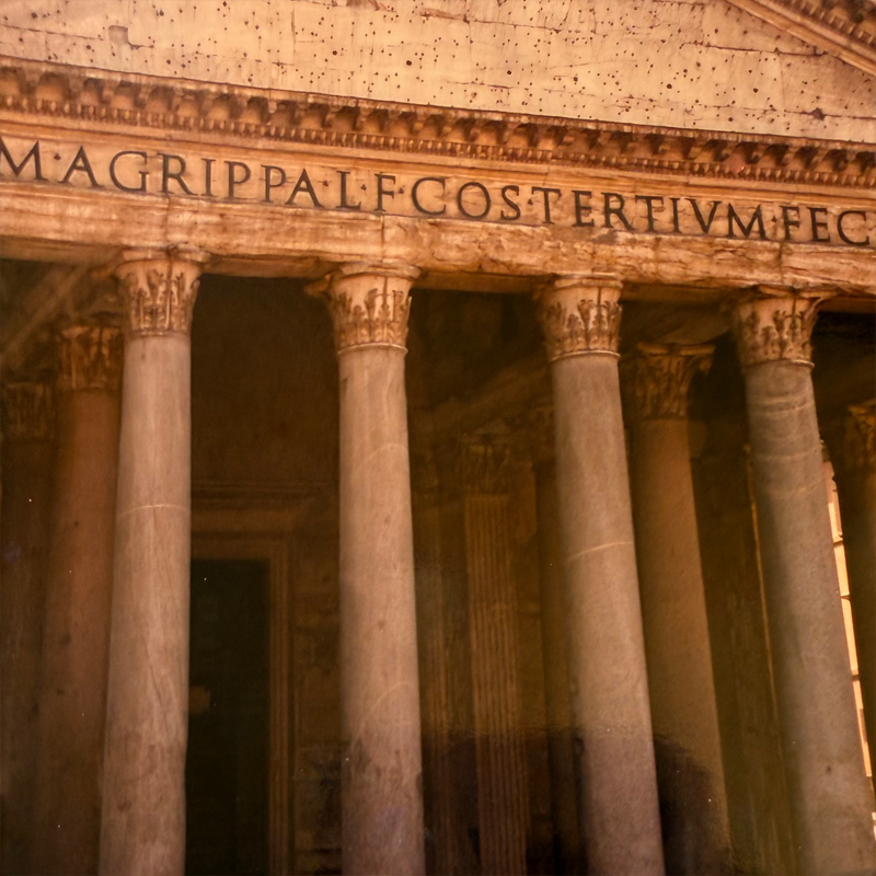 The Pantheon facade and columns in Rome.