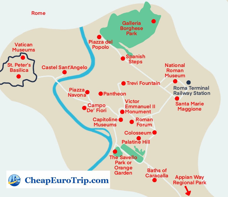 A simplified map of Rome with major central sights and parks labeled from the Vatican to the Colosseum.