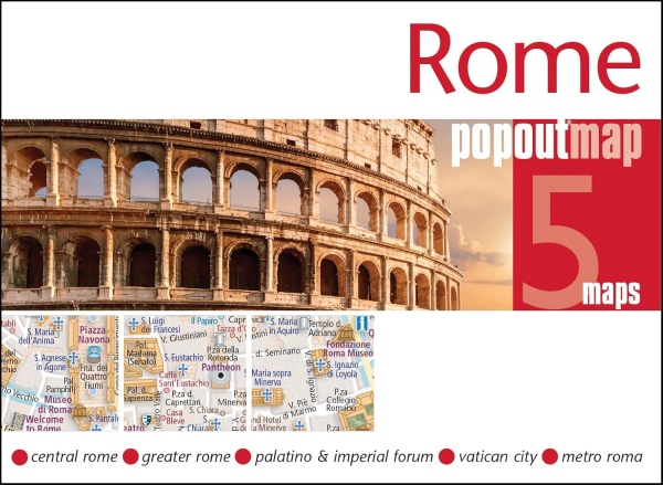 Cover of a Rome PopOut map showing the Colosseum and inset central Rome, Vatican City, and metro maps.