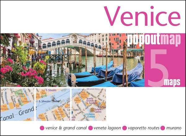 Cover of a Venice PopOut map showing a canal bridge, gondolas, and inset Venice and vaporetto route maps.
